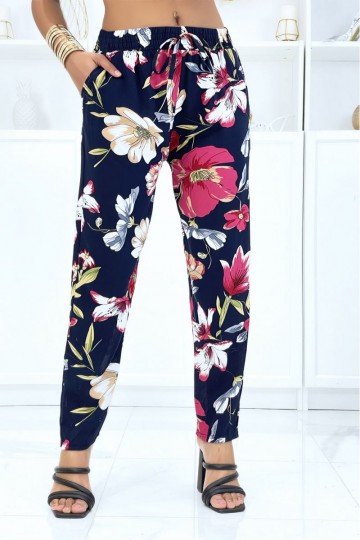 Navy pants with floral pattern, fluid elastic at the waist