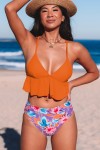 Conjunto de bikini con volante floral naranja