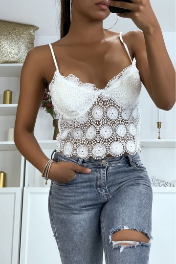 White lace tank top for women with removable straps.