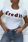 White t-shirt with 3D CREDIT writing.