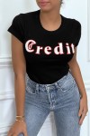 t-shirt with 3D CREDIT writing.