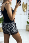 Women's black butterfly pattern shorts lined with lace.