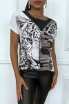 Black voile T-shirt with pattern and cap sleeve