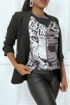 Black voile T-shirt with pattern and cap sleeve