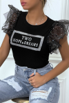 Black T-shirt with rhinestones and tulle sleeves