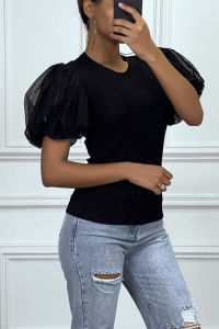 Black t-shirt with short puff sleeves.