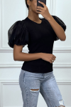 Black t-shirt with short puff sleeves.