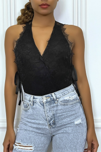 Black wrap bodysuit in lace and ribbons.