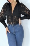 Black lace top in vintage blouse style.