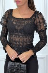 Black lace top with puffy and elastic shoulders.