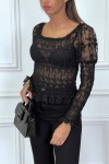 Black lace top with puffy and elastic shoulders.