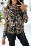 Women's camel voile shirt with puff sleeves and leopard pattern.