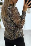 Women's camel voile shirt with puff sleeves and leopard pattern.