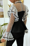 Super chic black top with small polka dots, fashionable and inexpensive women's clothing.