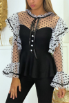 Super chic black top with small polka dots, fashionable and inexpensive women's clothing.