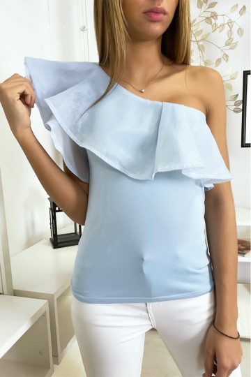 Pretty, very chic turquoise crossover top with ruffle.