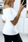 Women's white top boat neck with lapels and frills.