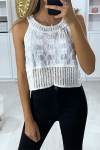 White cotton tank top for women with embroidery and lace.