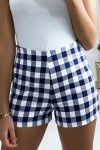 Women's high waisted blue checkered shorts with side closure.
