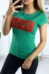 Women's green t-shirt with Love writing.