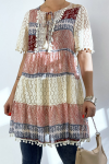 Crochet tunic with bohemian print.