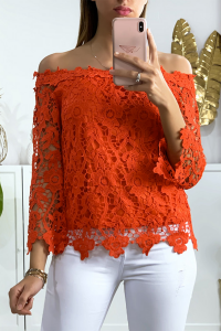 Women's red boat neck top in pretty lined lace