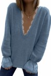 Suéter de punto azul con cuello en V y pestañas