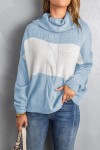 Suéter de punto suelto de cuello alto colorblock azul