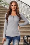 Gray Solid Color Ribbed Texture Slim Top with Button