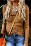 Brown Solid Color Ribbed Texture Slim Top with Button