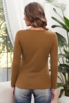 Brown Solid Color Ribbed Texture Slim Top with Button