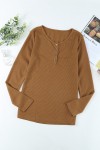 Brown Solid Color Ribbed Texture Slim Top with Button