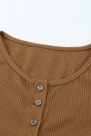 Brown Solid Color Ribbed Texture Slim Top with Button