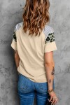 T-shirt femme kaki rayé imprimé léopard à manches courtes