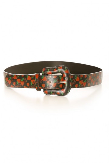 Black belt with buckle, strawberry motifs.