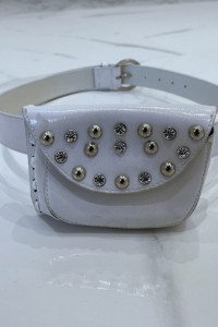 White faux shiny belt and pocket with rhinestones and nails