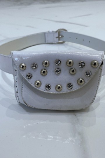 White faux shiny belt and pocket with rhinestones and nails