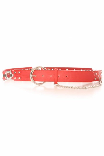 Red belt with pierced effect and rhinestones.