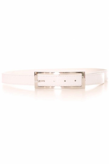 White belt with silver rectangular buckle.