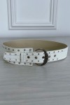 White faux leather belt with eyelet rhinestones