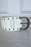 White faux leather belt with eyelet rhinestones