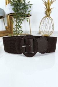 Brown oval buckle belt with elastic waist. Women's belt