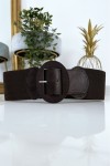 Brown oval buckle belt with elastic waist. Women's belt