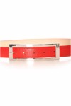Red belt with silver rectangular buckle.