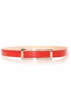 Red belt with silver rectangular buckle.