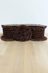 Women's evening belt in shiny choco lace with elastic.