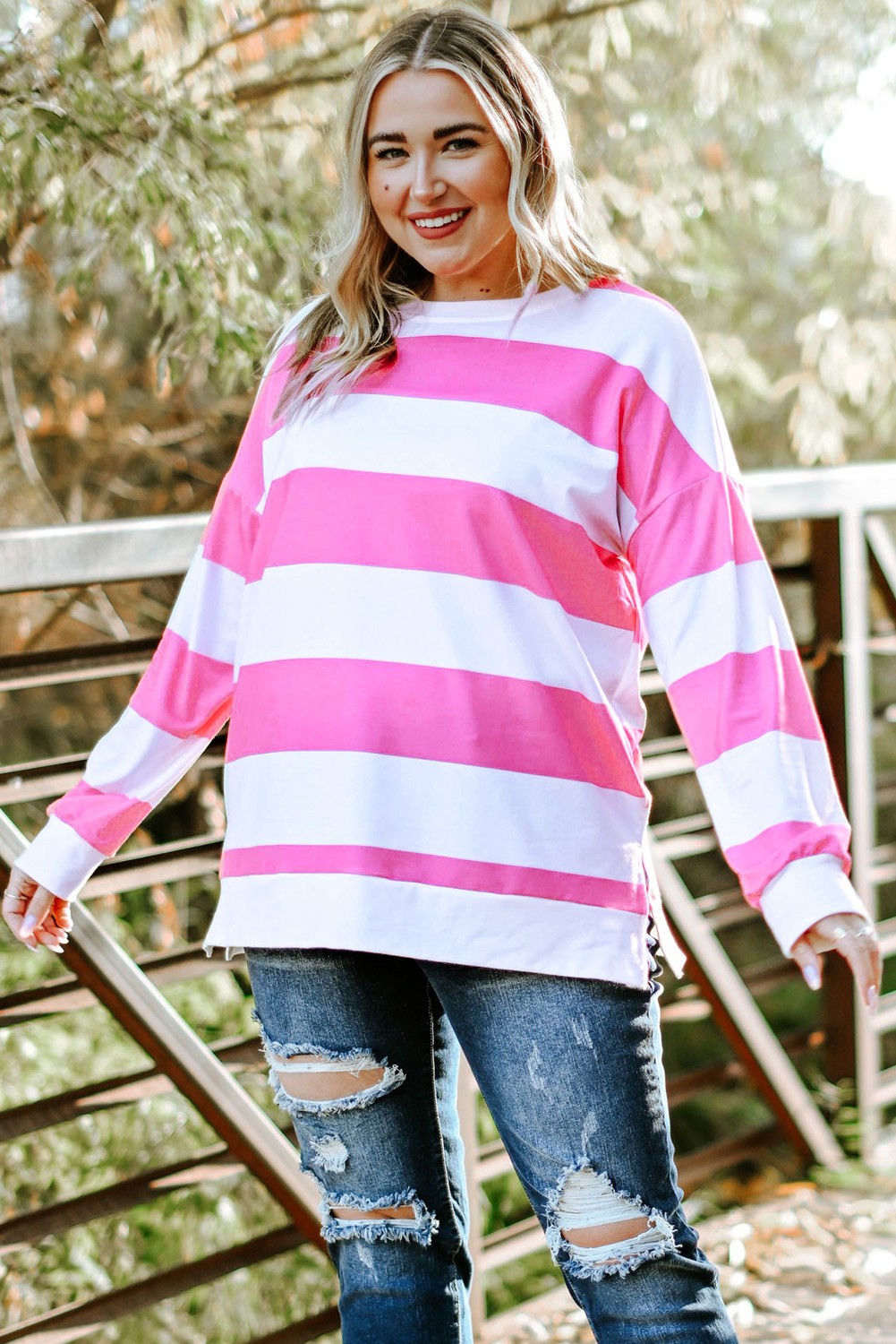 Plus Size Pink Striped Sweatshirt - SARL