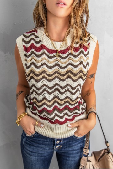 Sleeveless knitted sweater with wavy stripes