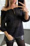 Black boat neck lace blouse with lace.
