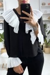 Blusa negra para mujer con cuello fruncido y mangas en color blanco.